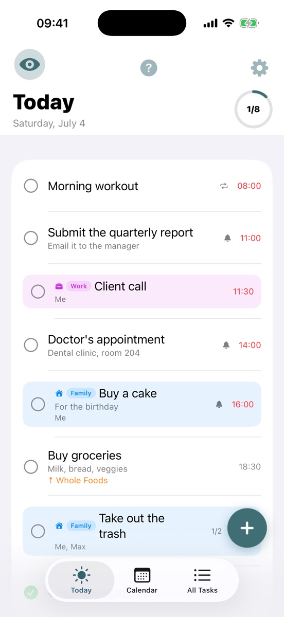 Dailyk Today screen with tasks and progress ring